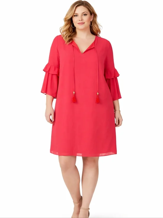 Vince Camuto Chiffon Dress 20W Pink Split Neck Tassel Tie Pleated Sleeves New - Picture 12 of 12